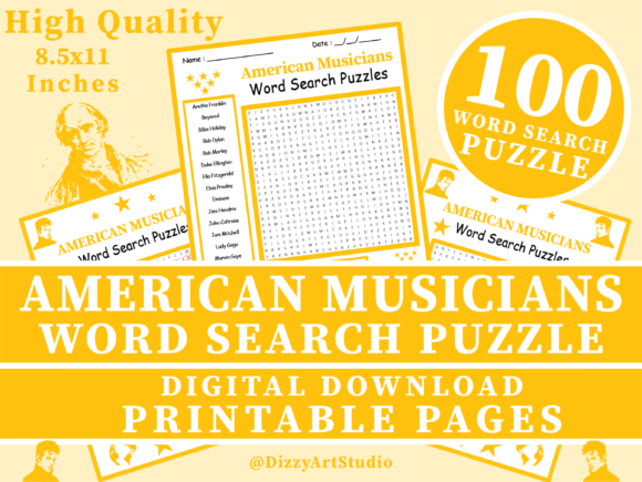 American Musicians Word Search Puzzle Graphic KDP Interiors By DizzyArtStudio