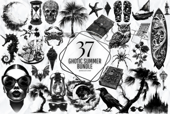 Black and White Ghotic Summer Clipart Graphic Illustrations By Markicha Art