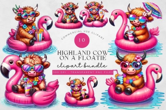 Highland Cow Pink Flamingo Floatie Png Graphic Illustrations By Feather Flair Art