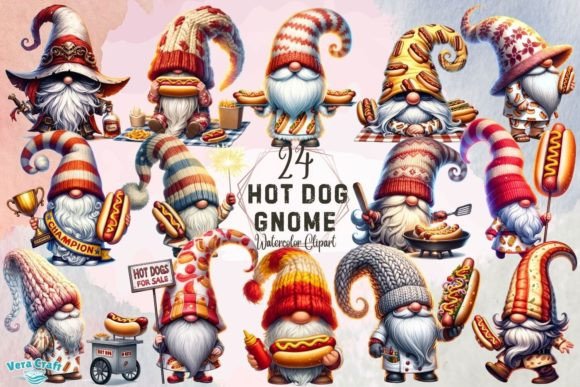 Hot Dog Gnome Watercolor Clipart Graphic AI Transparent PNGs By Vera Craft