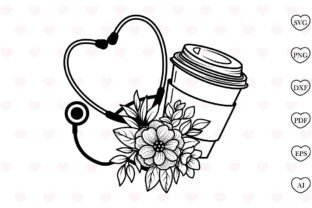 Stethoscope Coffee Flower Svg Nurse Svg Illustration Modèles d'Impression Par Tadashop Design 1