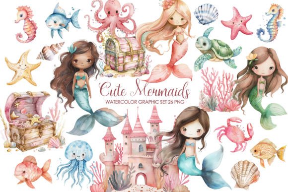 Watercolor Cute Mermaid Clipart PNG Graphic AI Illustrations By Aquarelle Space