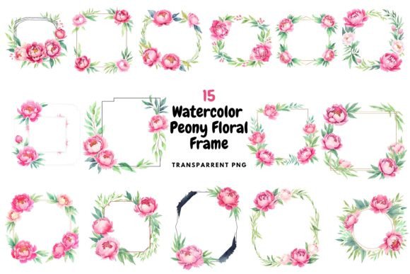 Watercolor Peony Floral Frame PNG Graphic Illustrations By designfly