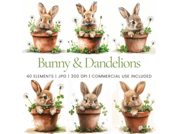 Bunny & Dandelions Clipart Grafica Grafiche AI Di Ikota Design