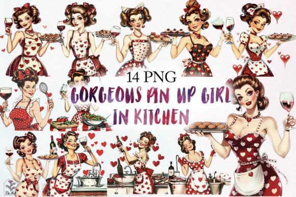 Gorgeous Pin-up Girl in Kitchen Bundle Graphic Illustrations By DS.Art
