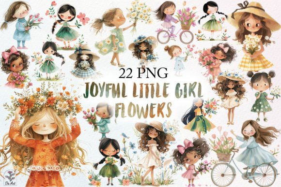 Joyful Little Girl and Flowers Bundle Grafik Druckbare Illustrationen Von DS.Art