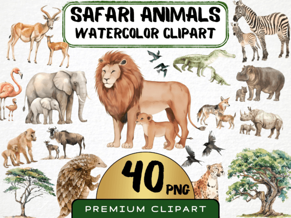 Watercolor Safari Animals Clipart 40 PNG Gráfico Manualidades Por MokoDE