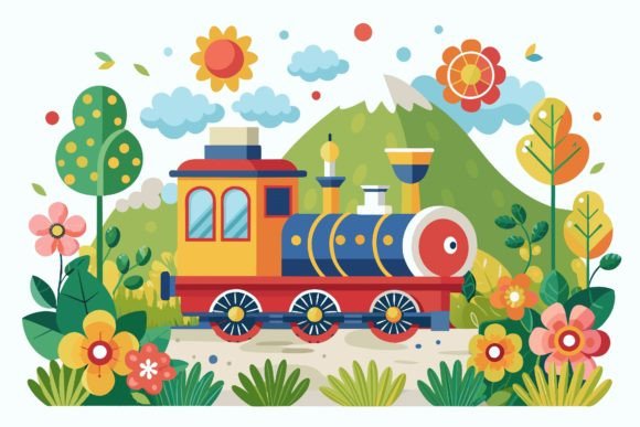 Train Road Cartoon with Flowers on a Gráfico Ilustraciones Imprimibles Por alenahada