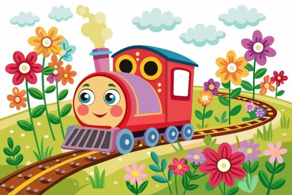 Train Road Cartoon with Flowers on a Gráfico Ilustraciones Imprimibles Por alenahada