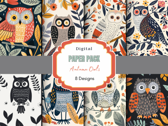 Autumn Owl Digital Paper Graphic Illustrations By Mystic Mountain Press