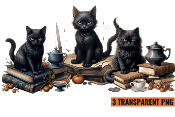 Black Cat Book Coffee Clipart Grafik Druckbare Illustrationen Von CraftArt
