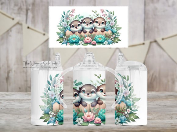 Otters 12 Oz Kids Sippy Cup Wrap PNG Graphic Print Templates By TheWhimsySubHub