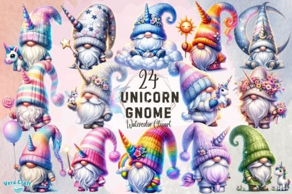 Unicorn Gnome Watercolor Clipart Graphic AI Transparent PNGs By Vera Craft