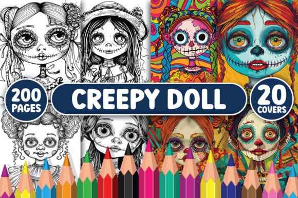 200 Creepy Doll Coloring Pages Gráfico Páginas y libros de colorear para adultos Por BrightMart