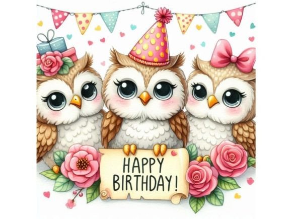 A Bundle of 4 a Cute Three Owls Happy Bi Graphic AI Illustrations By A.I Illustration and Graphics