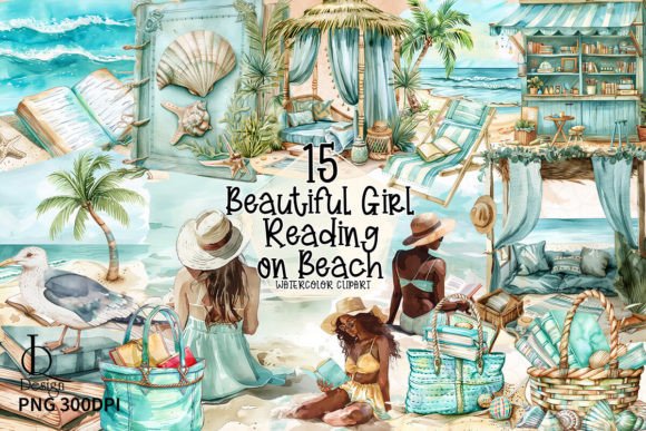 Beautiful Girl Reading on Beach Clipart Grafik Druckbare Illustrationen Von LQ Design