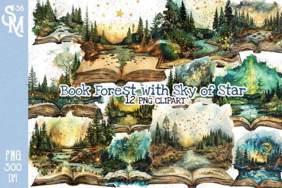 Book Forest with Sky of Star Clipart PNG Gráfico Ilustraciones Imprimibles Por StevenMunoz56