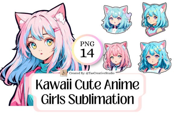 Cute Anime Girls Sublimation Gráfico Ilustrações para Impressão Por Tas Creative Studio