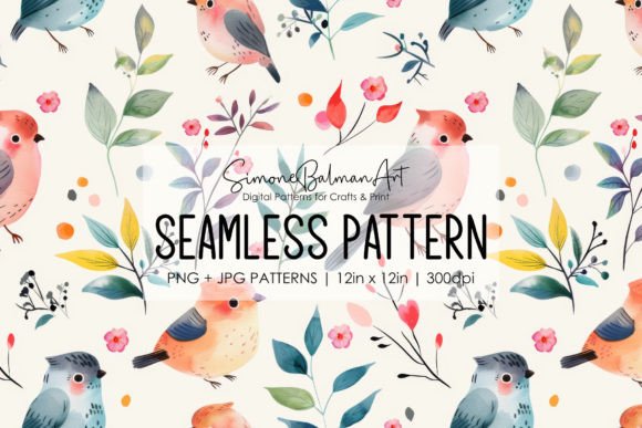 Cute Watercolor Birds Seamless Pattern 1 Grafik Papier-Muster Von Simone Balman Art