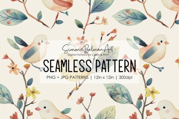 Cute Watercolor Birds Seamless Pattern 7 Illustration Modèles de Papier Par Simone Balman Art