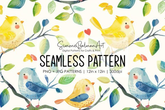 Cute Watercolor Birds Seamless Pattern 9 Graphic Patterns By Simone Balman Art