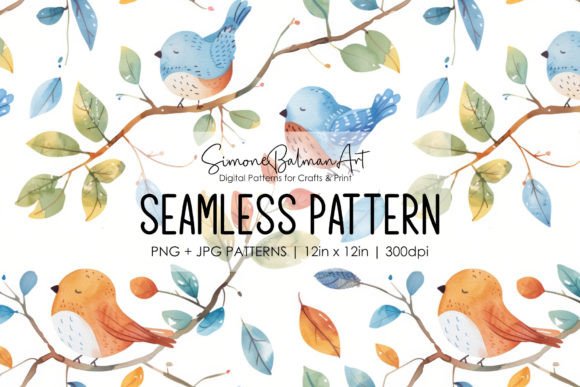 Cute Watercolor Birds Seamless Pattern Grafik Papier-Muster Von Simone Balman Art