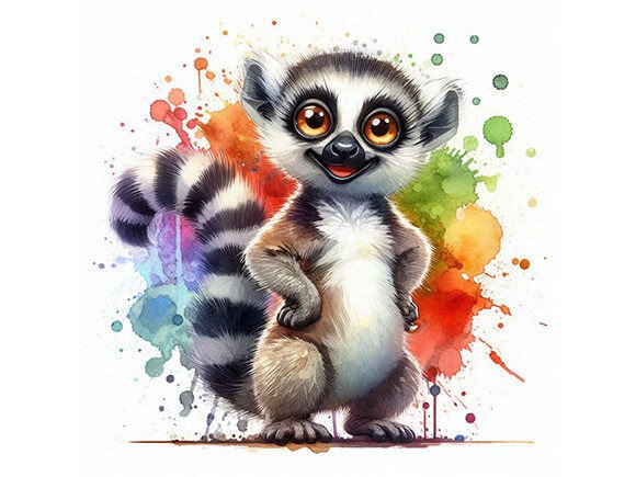 Cute Lemur Cartoon in Watercolor Paintin Graphic Illustrations By ARTNEST