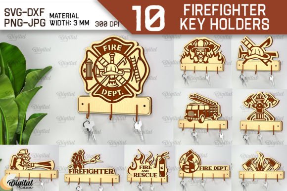 Firefighter Key Holders Laser Cut Bundle Illustration SVG 3D Par Digital Idea
