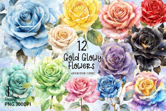 Gold Glowy Flowers Clipart PNG Gráfico Ilustraciones Imprimibles Por LQ Design