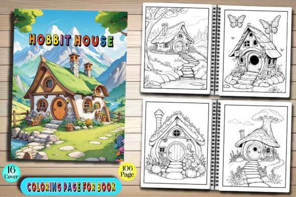 Hobbit House Coloring Book Gráfico Páginas y libros para colorear Por Vintage