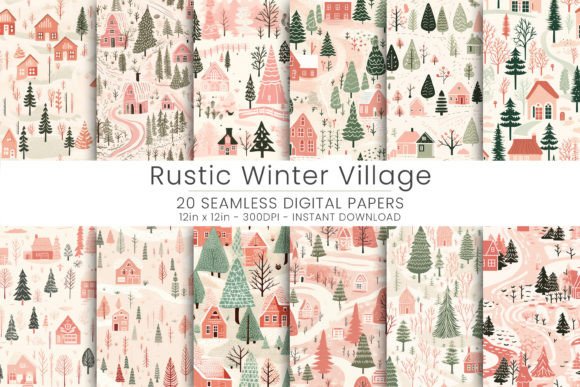 Rustic Winter Village Seamless, JPG Grafika Papierowe Wzory Przez Mehtap