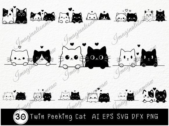Twin Peeking Cat Cartoon Bundle Svg Graphic Illustrations By Imagination Meaw
