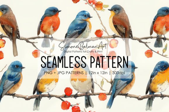 Watercolor Birds Seamless Pattern 20 Illustration Modèles de Papier Par Simone Balman Art