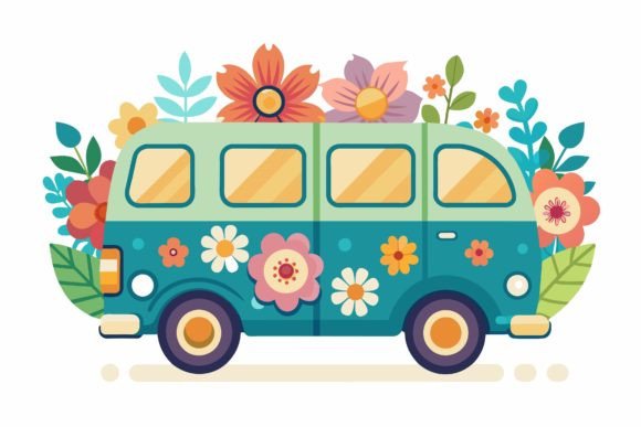 Van Cartoon with Flowers on a Graphic Illustrations By alenahada