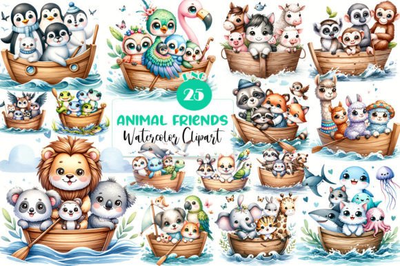 Animal Friends Boats Watercolor Clipart Graphic Illustrations By AuroraCrafts