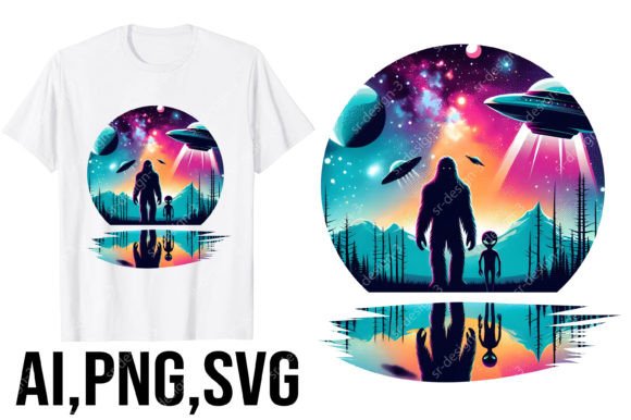 Bigfoot and Alien Full Moon Gráfico Diseños de Camisetas Por SR Design