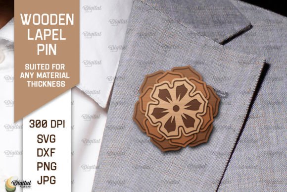 Flower Wooden Lapel Pin Laser Cut Graphic 3D SVG By Digital Idea