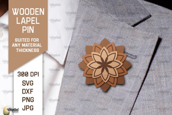 Flower Wooden Lapel Pin Laser Cut Graphic 3D SVG By Digital Idea