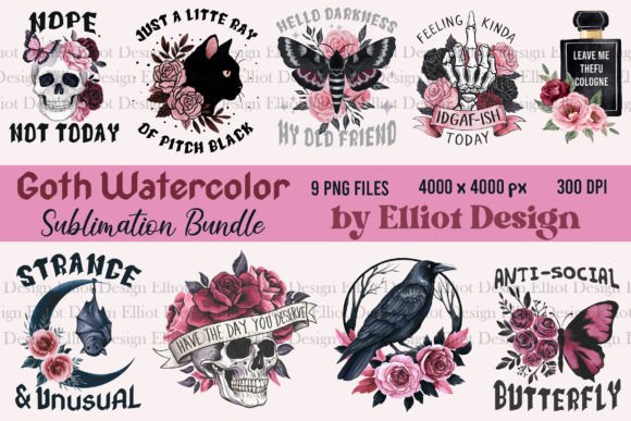Goth Watercolor Sublimation Bundle Illustration Designs de T-shirts Par Elliot Design