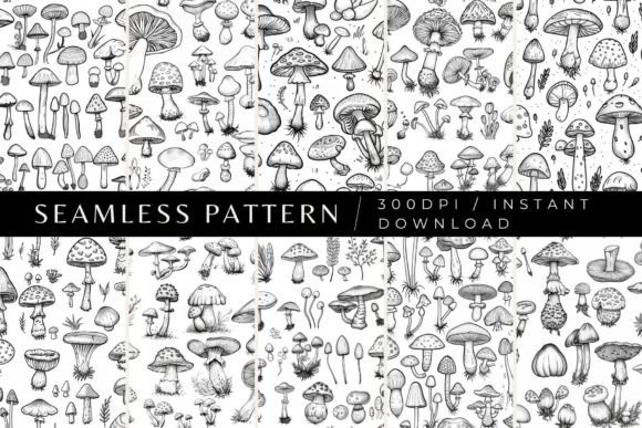 Mushroom Doodles Seamless Patterns Grafik Papier-Muster Von Inknfolly