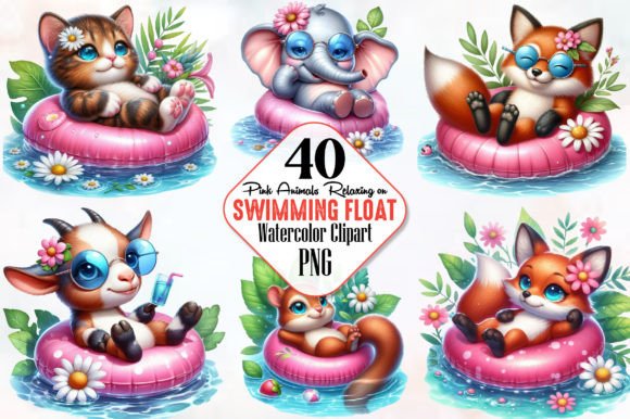 Pink Animals Relaxing on Swimming Float Grafik Druckbare Illustrationen Von RobertsArt