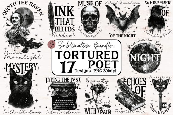 Tortured Poet Gothic Sublimation Bundle Illustration Designs de T-shirts Par Christine Fleury