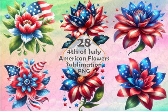 4th of July Flowers Clipart Sublimation Graphic Illustrations By designhome