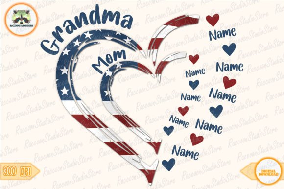 4th of July Grandma Mom Kids Heart Grafika Rękodzieła Przez RaccoonStudioStore