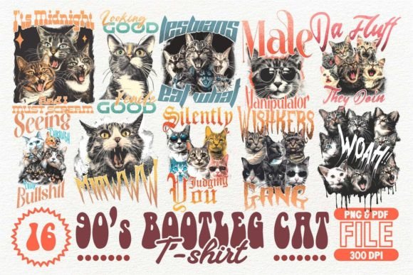 90's Bootleg Cat T-shirt Design Bundle Gráfico Designs de Camisetas Por Universtock