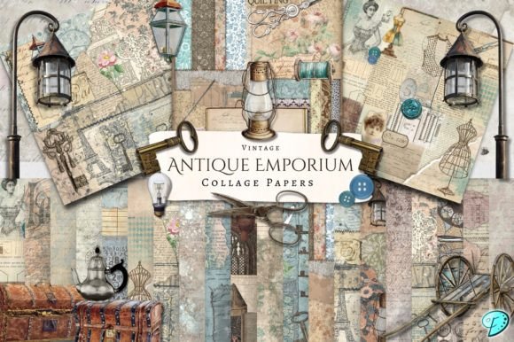Antique Emporium Digital Collage Papers Illustration Objets Graphiques de Haute Qualité Par Emily Designs