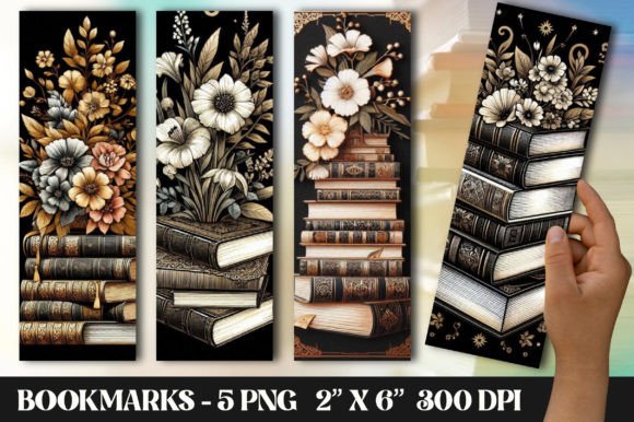 Book Stack Bookmark, Floral Bookmarks Graphic Print Templates By RevolutionCraft