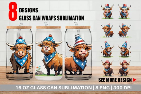 Glass Can Highland Cow 4th of July Graphic Crafts By Artnoy