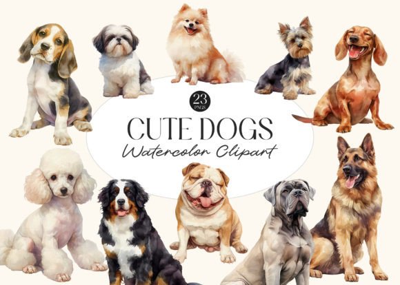 Watercolor Cute Dogs PNG Clipart Gráfico Ilustrações para Impressão Por primroseblume