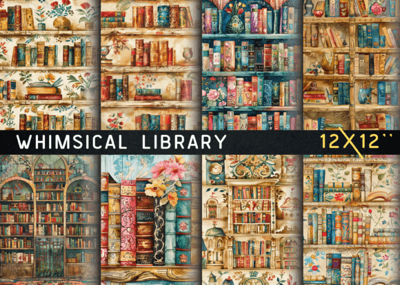 Whimsical Library Junk Journal Page Graphic Backgrounds By Pro Designer Team